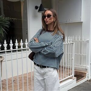 Lioness Bloom Long Sleeve Tee, Blue and Brown Stripes